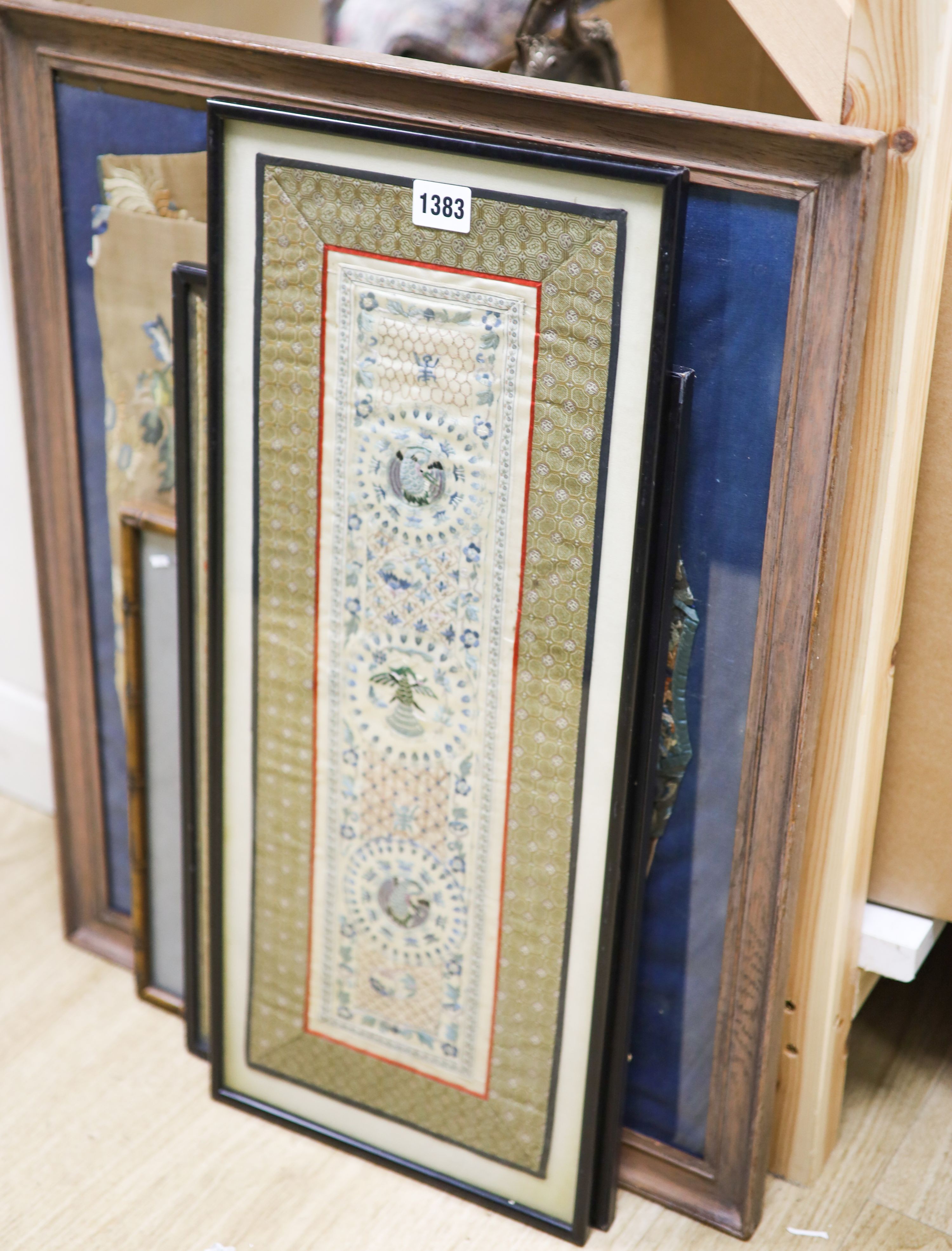 Assorted framed and glazed Chinese embroideries, late Qing to Republic